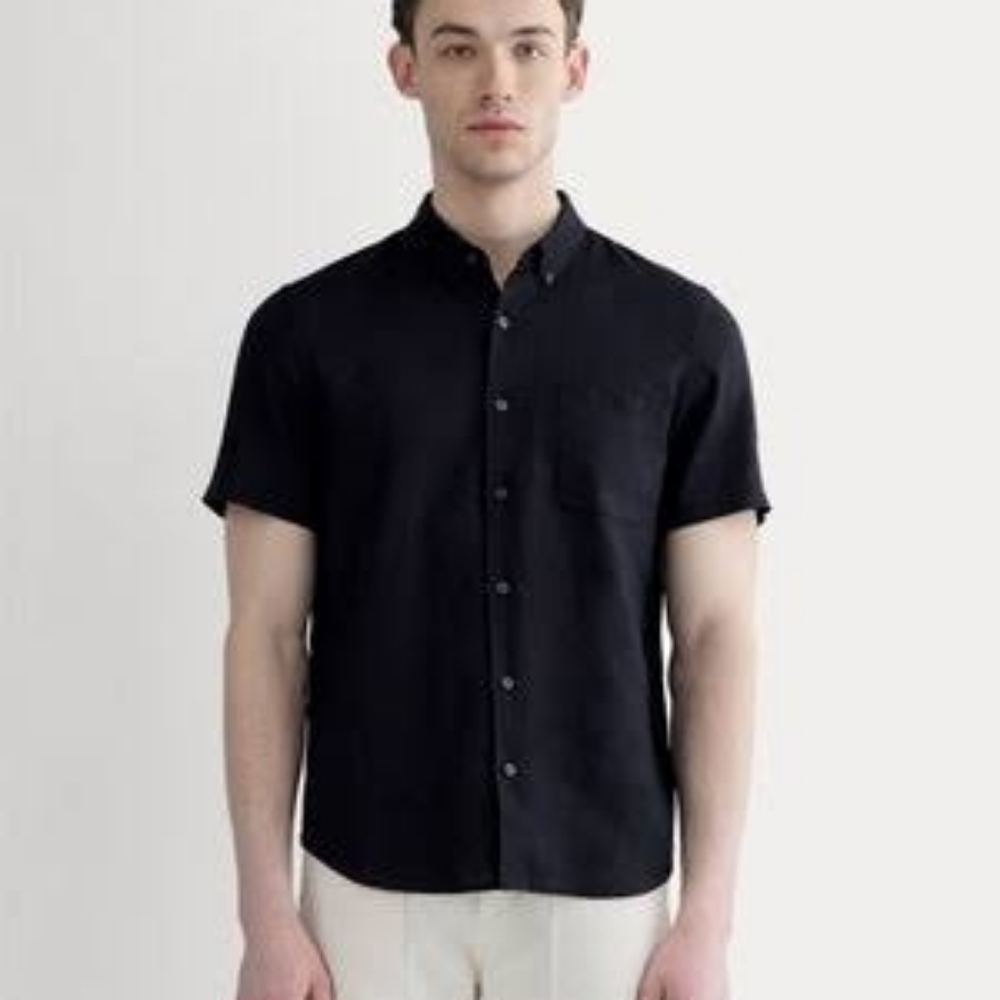Everlane Shirt Mens Medium Black Linen Polo Short Sleeve Button Collared